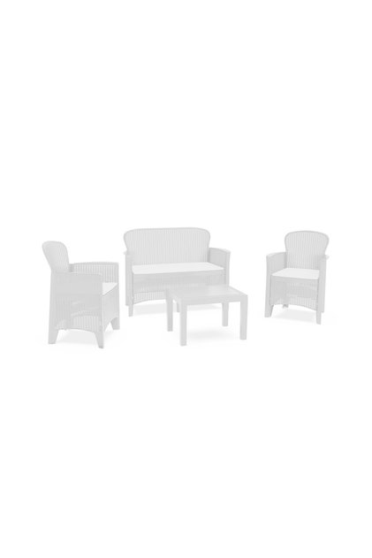 Set mobilier terasă/grădină JUNGLE, 4 piese, polipropilenă, alb, canapea, 2 scaune, masă, perne