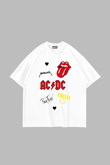 Rock N Roll Printed Oversize Unisex White Tshirt