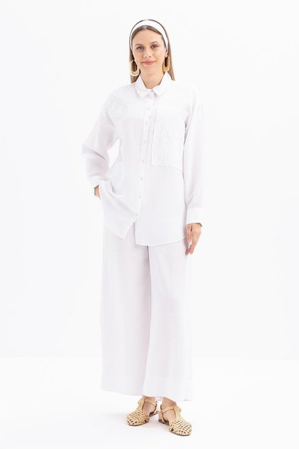 White-Embroidery Detailed Linen Trousers Suit