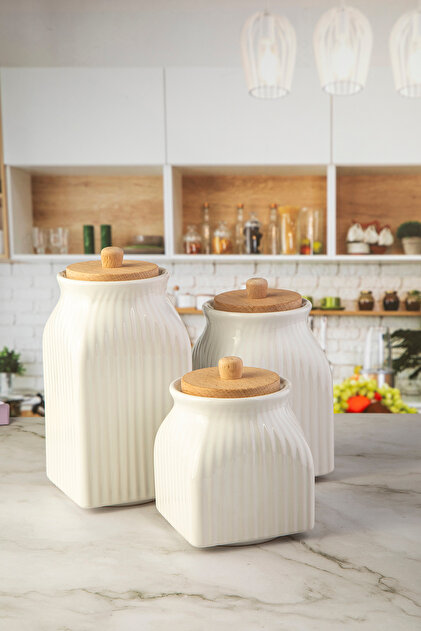 Lizzy Molino Bambu Kapaklı Çizgili Desenli Porselen Kavanoz Seti