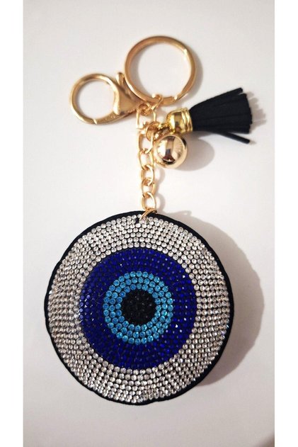 Stoned Evil Eye Beaded Keychain - Black - Height 14.5 cm Diameter 6.5 cm
