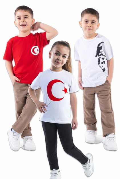 Turkish Flag Ataturk Printed T-Shirt (Price for 3 Pieces) 4-14 Years Girls-Boys