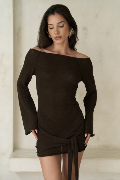 Kawanas Boat Neck Tie-Up Brown Dress