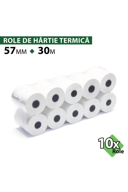 Rolă hârtie termică ROLTECH, 57mm x 30m, tub 12mm, 48g, 10 role/pachet