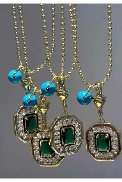 Leyla Green Baguette Necklace-With Blue Beads