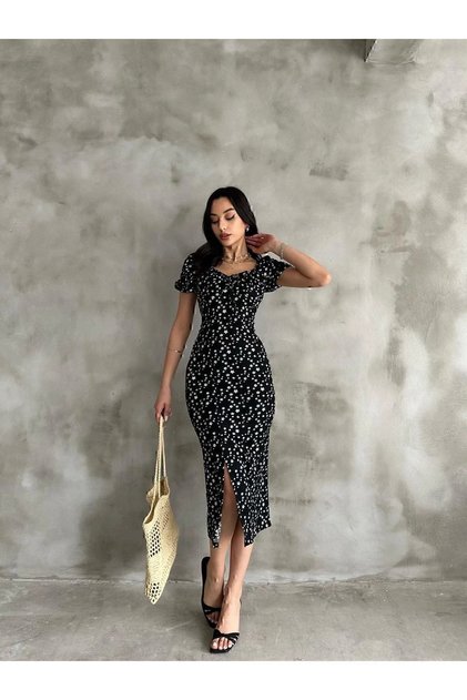 Summer Floral Print Watermelon Sleeve Slit Detail Dress