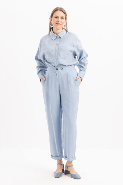 Blue-Trousers with Elastic Waist and Pockets