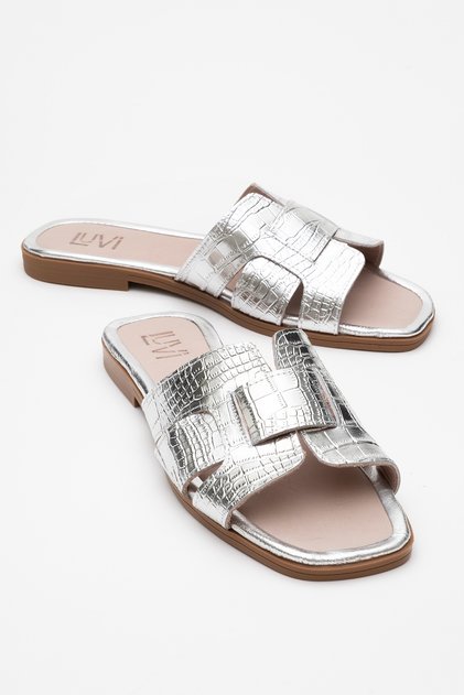 Notre Silver Print Genuine Leather Women's Slippers