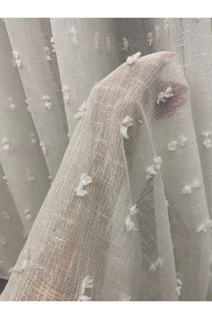 Pompom Tulle Curtain with Linen Snowy Floor – 1/3 Tight Pleated, No Ironing Required, Modern Stylish Design