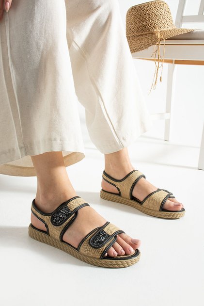 Women's Black Daily Single Velcro Straw Detailed Sandals Summer Anti-Sweat Comfortable Sole Linen Slippers