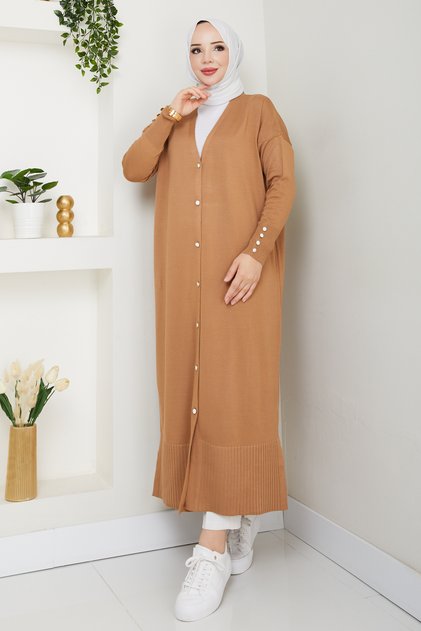 Women's Mercerized Button Detailed Full Length Knitwear Cardigan