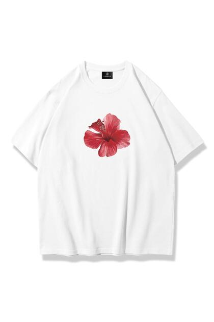 Trendiz Kadın Red Hibiscus Tshirt Beyaz - Fiyatı, Yorumları
