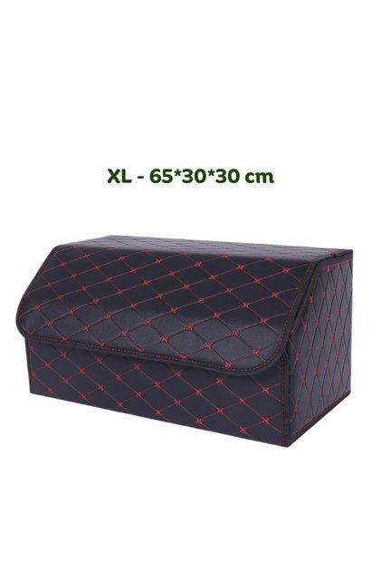 Organizator portbagaj auto XL, piele, husă cu velcro, 2 compartimente, 65x30x30cm, negru și roșu,