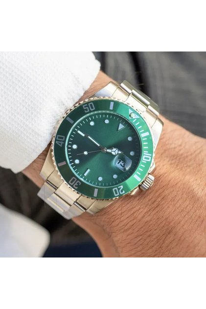 Premium Series Silver Color Green Dial Steel Band Men Wrist Watch in Special Box