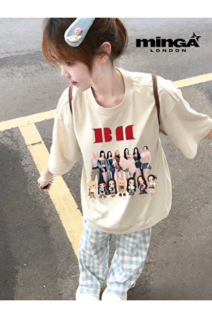 Minga London Baby Monster Picture Baskılı Bej Oversize Tshirt