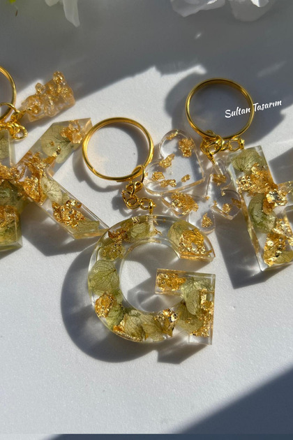 Gold Foil Floral Glittery-Paillette Epoxy Letter - Number Keychains