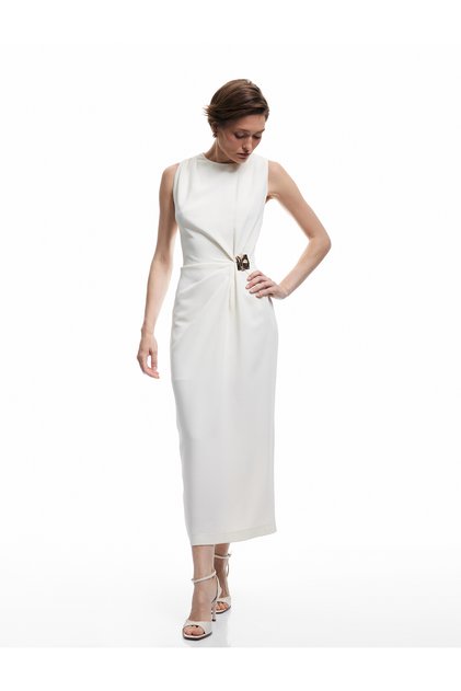 Accessories Detailed Draped Sleeveless Crew Neck Midi Dress