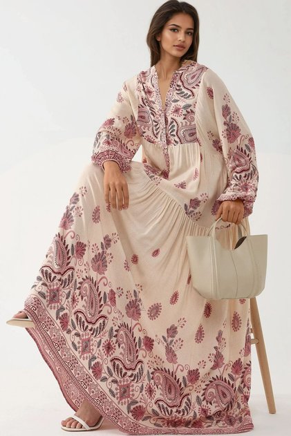 Button Detail Printed V-Neck Long Dress