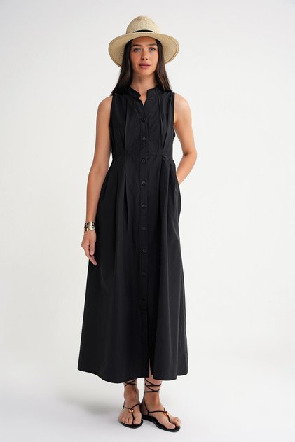 4702 Women's Pleated Shirt Dress Black