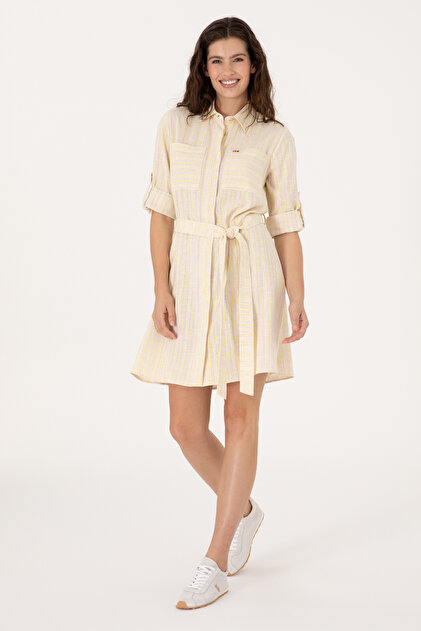 Women's Cream Linen Blend Striped Belted Mini Size Woven Dress 50306595-Vr071
