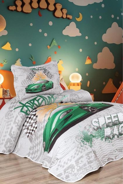 Fast Car Printed Quilted Single Bedspread Green