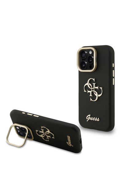 Калъф Husa с текстура, 4G лого, стойка и рамка за камера за iPhone 15 Pro, черен