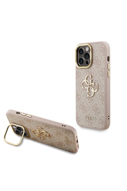 iPhone 14 Pro Max Compatible Case Guess Licensed Metal 4g and Text Logo Cover with Camera Stand Pink