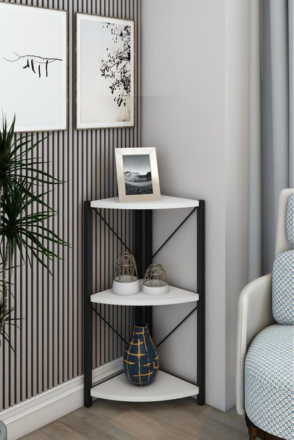 Datça 3 Raflı Metal Köşe Kitaplık Rafı Dekoratif Aksesuar Rafı Beyaz