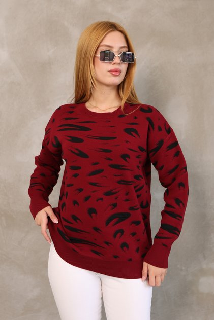 Round Neck Long Sleeve Jacquard Panel Peacock Pattern Winter Knitwear Sweater with Elastic Waist
