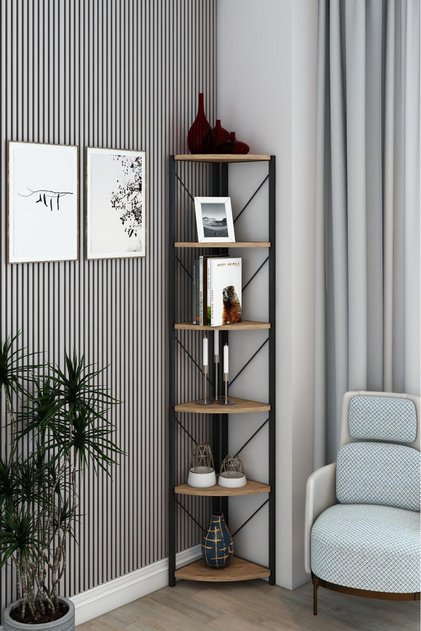 Datça 6 Raflı Metal Köşe Kitaplık Rafı Dekoratif Aksesuar Rafı 180 Cm Meşe