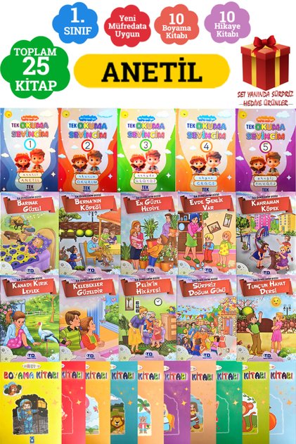 1. Sınıf ANETİL Yeni Müfredat Tek Okuma Sevincim+10'lu İlk Öykülerim Dizisi+10 Boyama Kitabı+ Hediye
