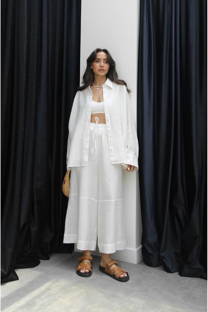 White Stitching Detailed 100% Linen Trousers