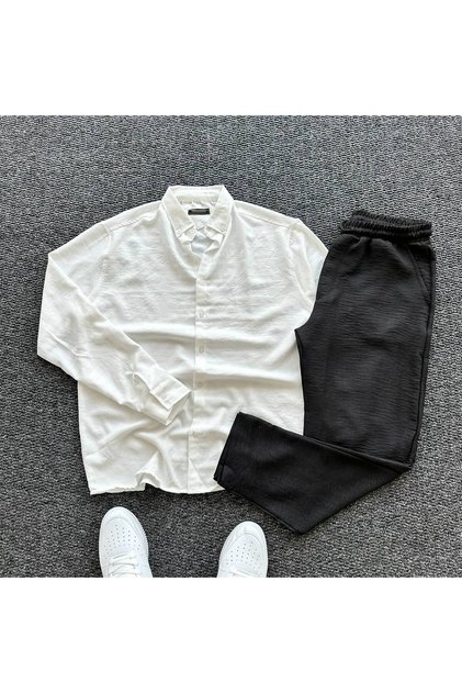 Erkek Krinkıl Keten Gömlek Pantolon Takım 2'li Set