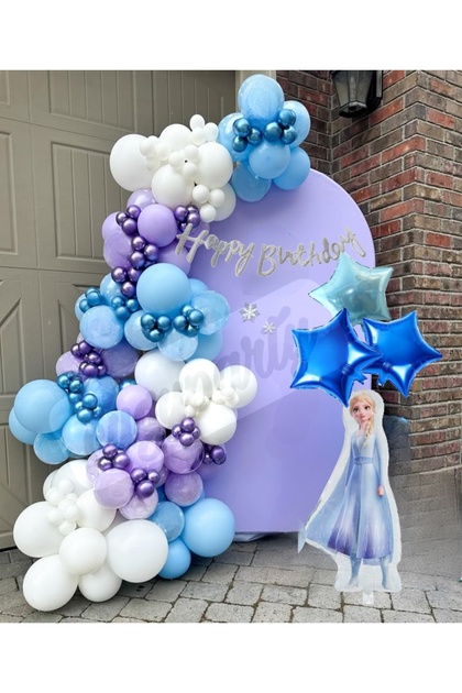 ELSA FROZEN KONSEPT LİLA BEYAZ MAVİ VE KROM BALON 100 LÜ ELSA FOLYO BALON YILDIZ SÜSLÜ PARTİ SETİ