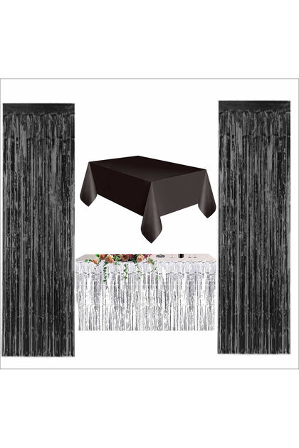 Black Table Cloth, Silver Table Skirt, 2 Black Backgrounds