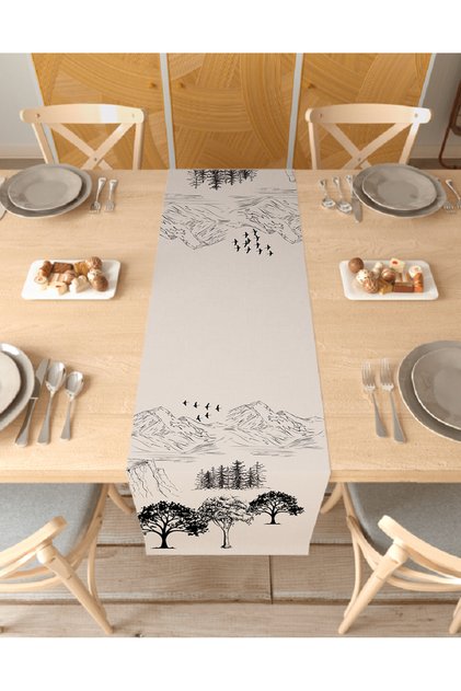 Forest Mountain Bird Patterned Special Design Runner Digital Printed Decorative Tablecloth Stylish Home Decoration
