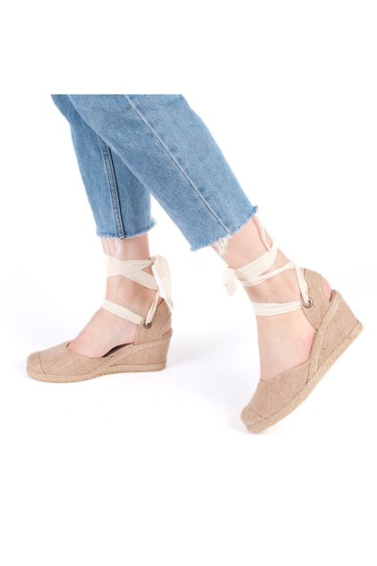 Real Handmade Open Back Wide Drawstring Straw Toe Wedge Heel Linen Women's Espadrille Handmade