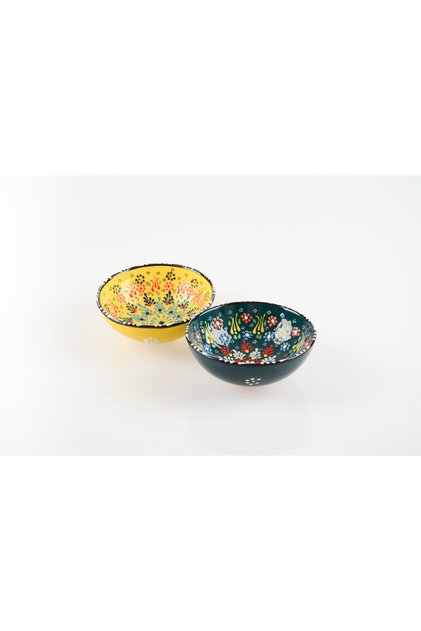 2 Pieces Handmade Dark Green-Yellow Tulip Motif 15 cm Ceramic Bowl Set