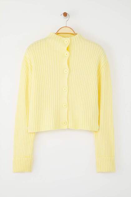 h.m.01050622さん9-17-3b Trendyolmilla Sarı Crop Yumuşak Dokulu Dik Yaka Triko Hırka