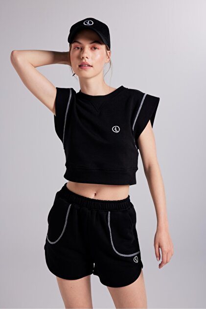 Crop Cut Contrast Stitched Rhode Tshirt Black