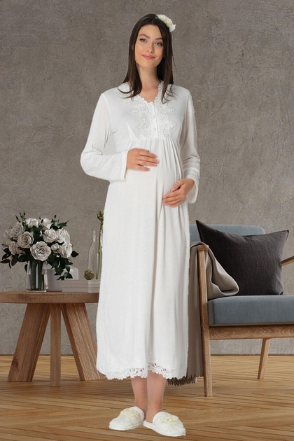 Women's Long Sleeve Embroidery Detailed Maternity Nightgown