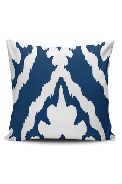 Navy Blue Colored Ikat Patterned Digital Printed Throw Pillow Cover