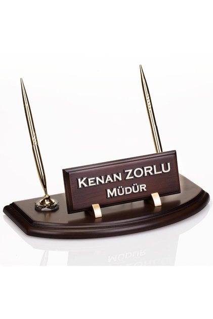 Çift Kalemli Ahşap Masa Isimliği Ofis Hediyesi Masaüstü Isimlik