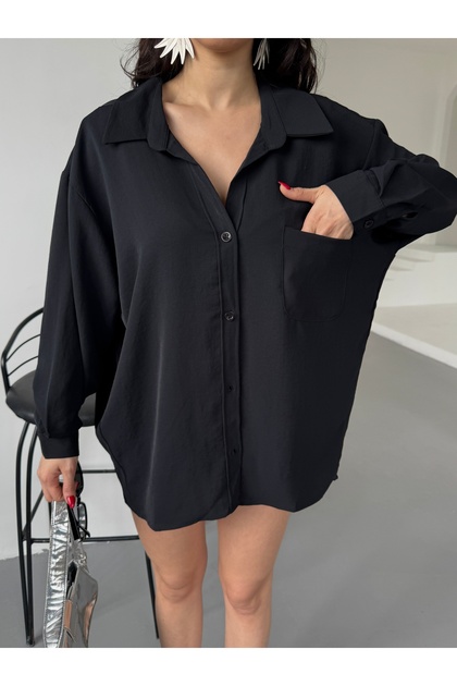 Women's Perla Black Single Pocket Oversize Shirt, Wide Fit Shirt, Ayrobin Shirt