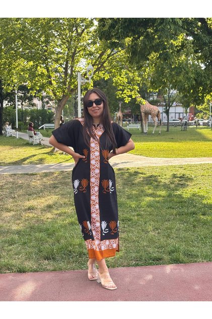Patterned Loose Summer Dress – Black Orange, Loose Fit, Comfortable and Stylish Daily Wear