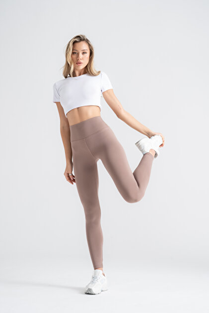 Kadın Sporcu Tayt , Koyu Vizon Renkli, Yüksek Bel Toparlayıcı, Dar Paça Slim Fit