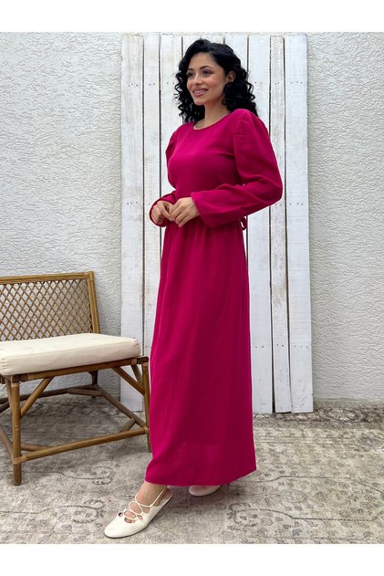 Hijab Fuchsia Muslin Gathered Waist Dress