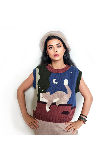 El Örgüsü Kedi Temalı Oversize Süveter | Tüylü ve Yumuşak Tasarım
