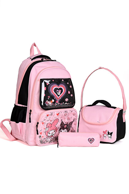 Korean Style Elementary School Bag Set with Kuromi Accessories (Backpack + Lunch + Pen Holder)