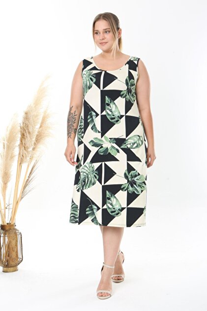 Madwilo Women's Green Monstera Pattern Strap Plus Size Dress- Trendyol